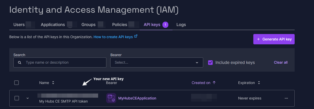 Capture of Scaleway, Identity and Access Management (IAM), Policies page, API keys tabs. New MyHubsCE key shown.