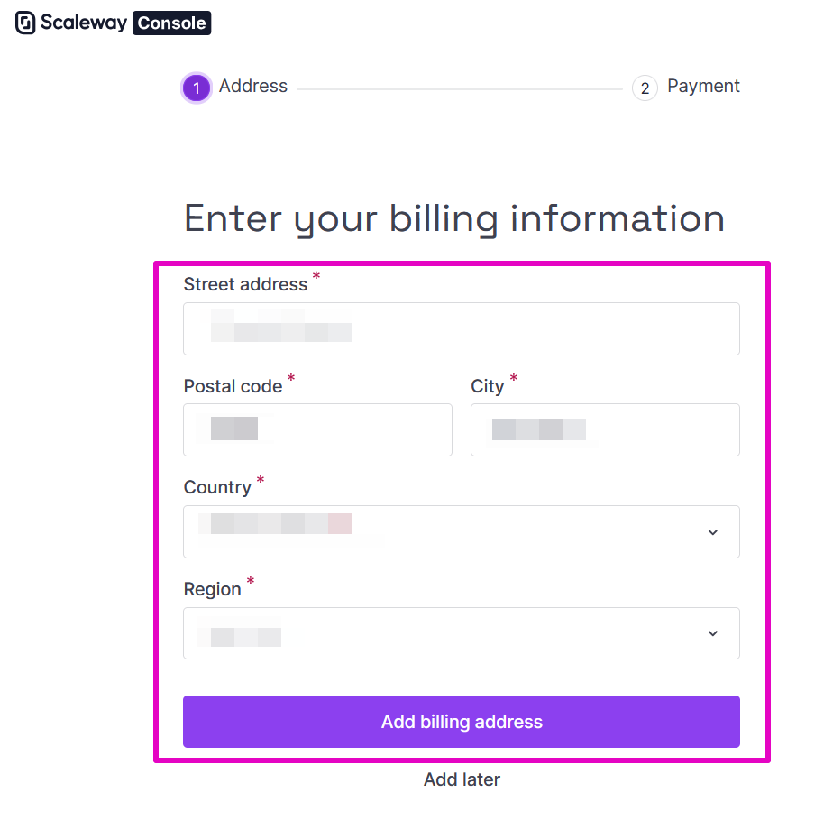 Capture of Scaleway Enter your billing information page. Fields for Street address, Postal code, City, Country, and Region are blurred. "Add billing address" purple button is highlighted at center bottom.