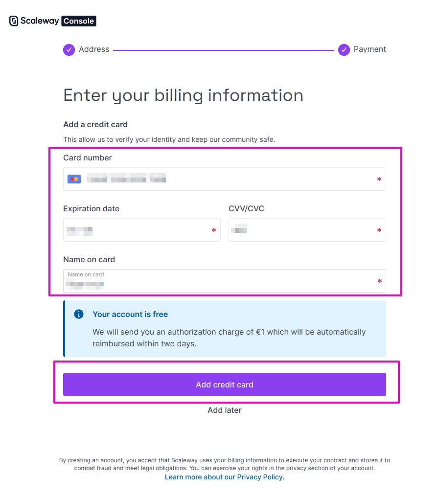 Capture of Scaleway Enter your billing information page. Card number, Expiration date, CVV/CVC, and Name on card fields blurred. "Add credit card" purple button in low center highlighted in purple.