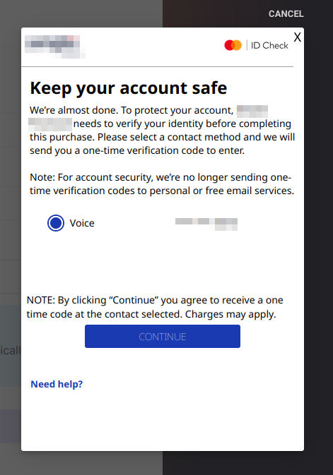 Capture of Mastercard credit card confirmation screen. Text explains that the receiver at a phone number will receive a text with verification code. "Continue" button in blue is in the low center of the page.