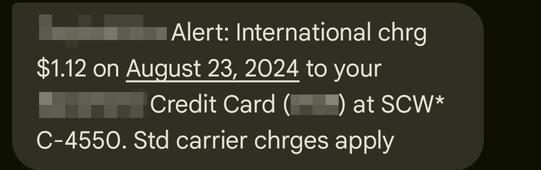 Capture of an example text notification of Scaleway charge with example verification code of C-4550.