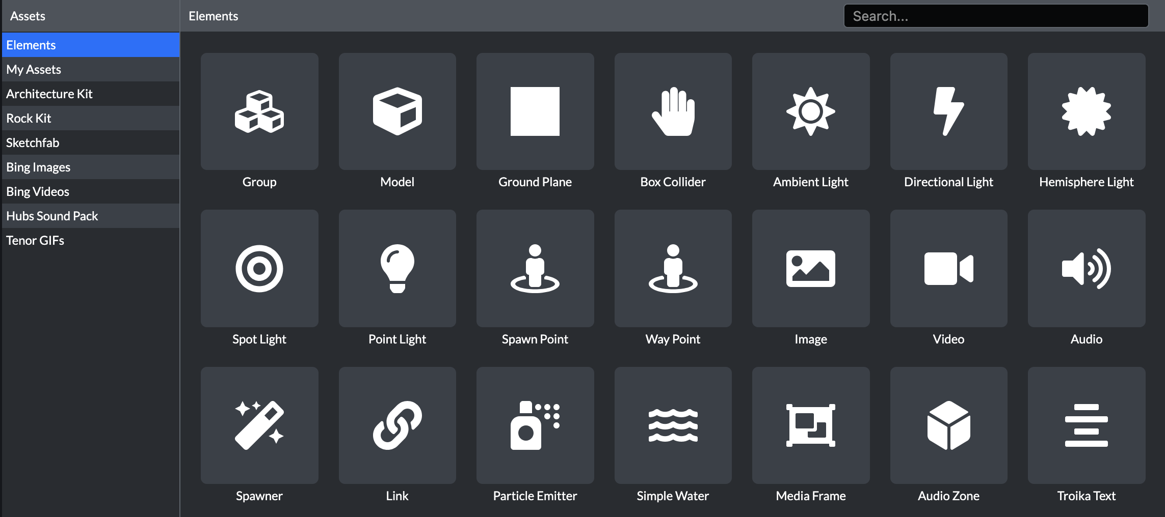 Capture of Spoke interface, Assets Panel. Boxes for assets include model, image, and link.