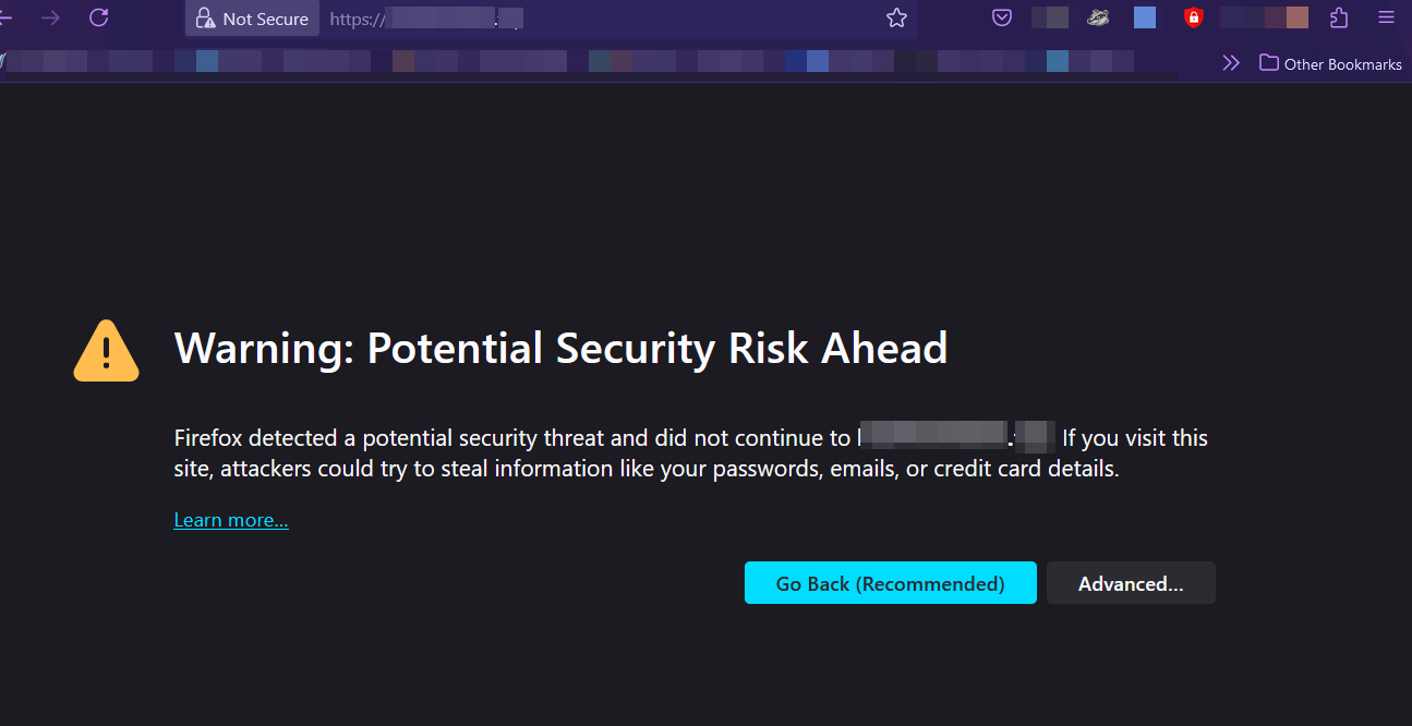 Capture of Hubs instance with expired SSL certificates. Yellow triangle with text: Warning: Potential Security Risk Ahead.