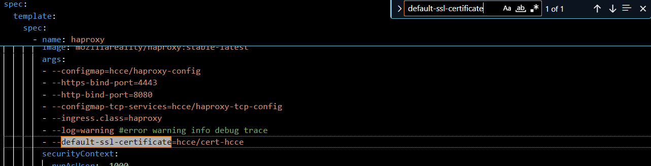 Capture from VS Code, HUBS-CLOUD-MASTER folder, community-edition, hcce.yaml file. Near line 1321, the text that appears in green: "- - - default-ssl-certificate+hcce/cert-hcce" highlighted in purple. In this capture, the "#" sign has been deleted.