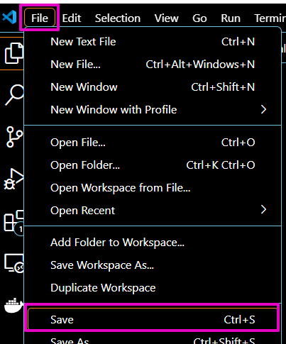 Capture from VS Code, File menu. "File" and "Save" are highlighted in purple.