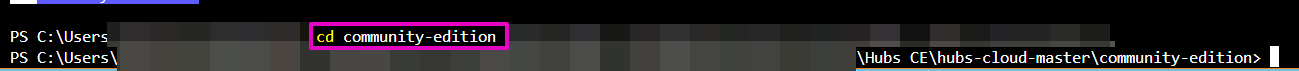 Capture from VS Code, terminal window. Text "cd community-edition" highlighted in purple.