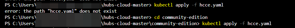 Capture from VS Code, terminal window. Text "kubectl apply -f hcce.yaml" shown.