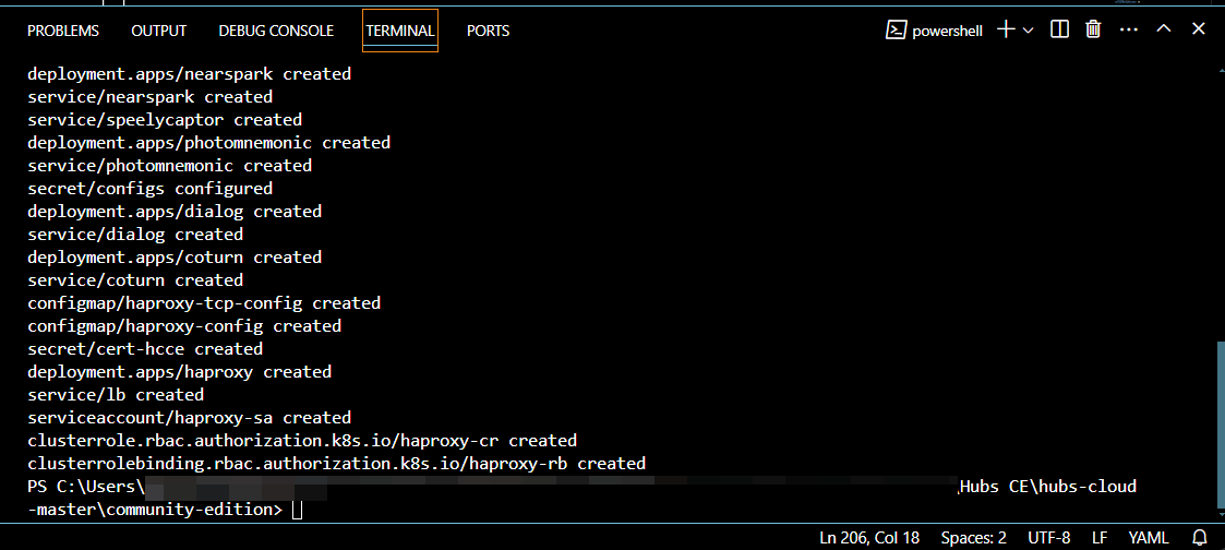 Capture from VS Code, terminal window. Notification that updating hubs file (hcce) is done. Text includes items like "deployment.apps/dialog created" and "service/lb created". Terminal indicates readiness for a new command.