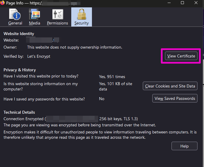 Capture of Page info pop-up, Security tab, and the button "View Certificate" near the top right highlighted in purple.