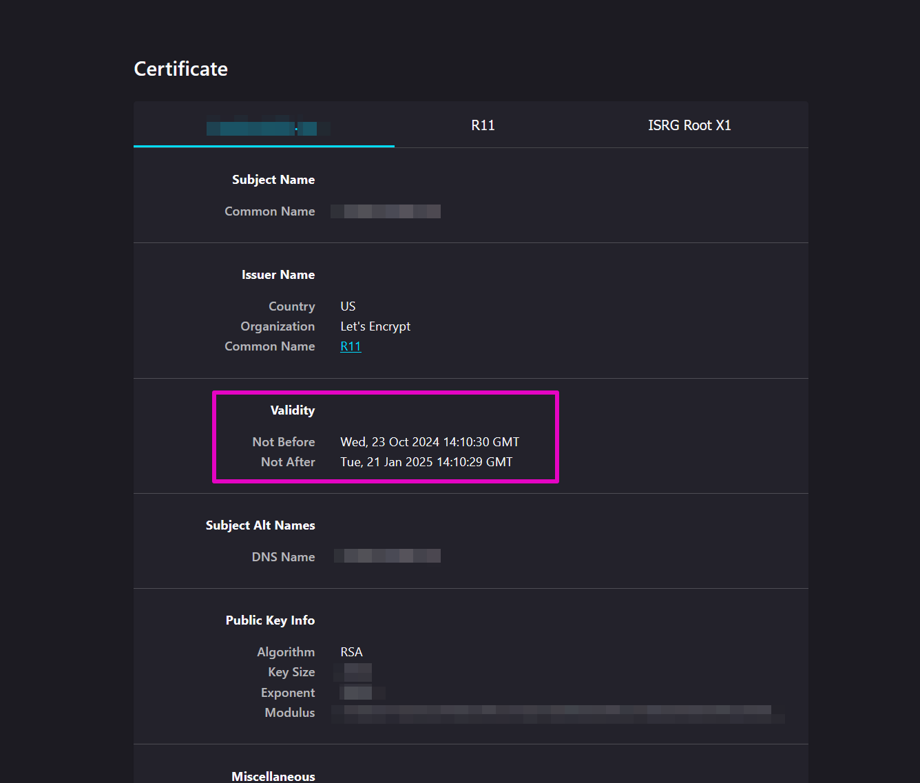 Capture of Certificate popup with Validity section highlighted in purple.