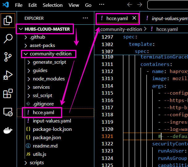 Capture from VS Code, HUBS-CLOUD-MASTER folder, community-edition, hcce.yaml file.  "hcce.yaml"  file and in the code editor window highlighted in purple.