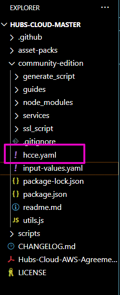 Capture from VS Code, HUBS-CLOUD-MASTER folder, community-edition, hcce.yaml file.  "hcce.yaml"  file highlighted in purple.