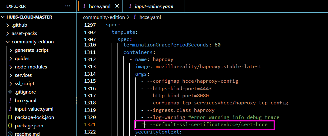 Capture from VS Code, HUBS-CLOUD-MASTER folder, community-edition, hcce.yaml file. Near line 1321, the text that appears in green: "#- - - default-ssl-certificate+hcce/cert-hcce" highlighted in purple.