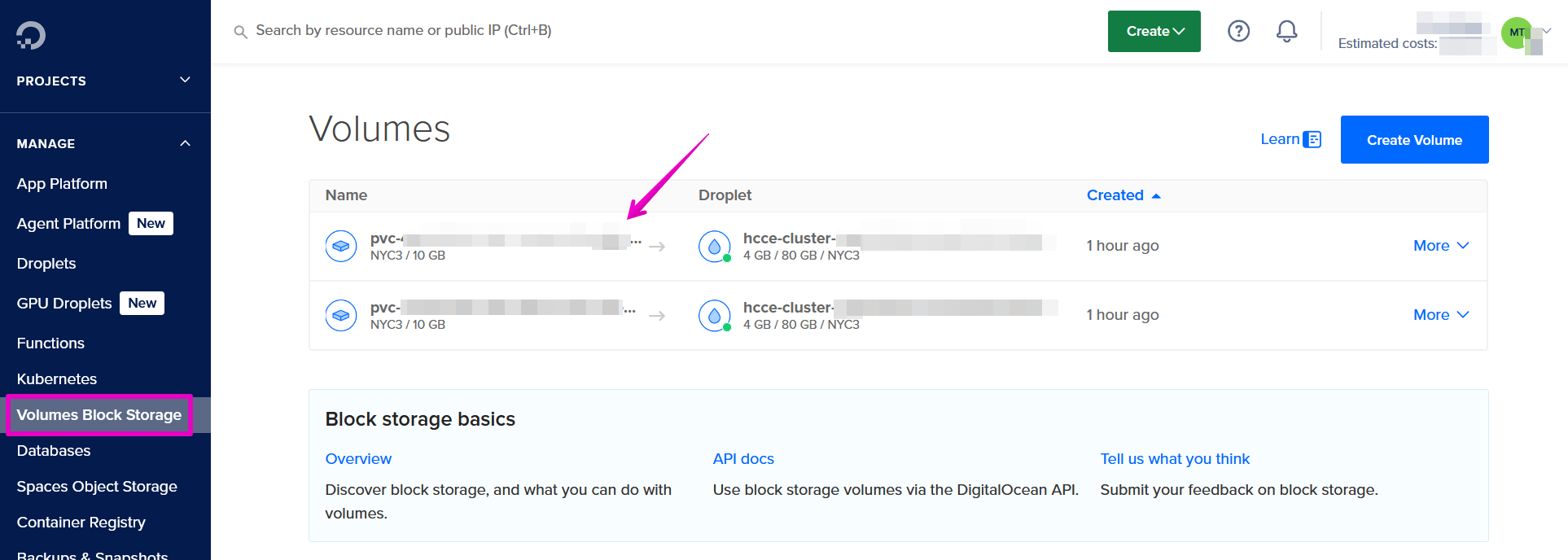 Capture of DigitalOcean, Manage, Volumes Block Storage section. Two named volumes are attached to a Droplet.