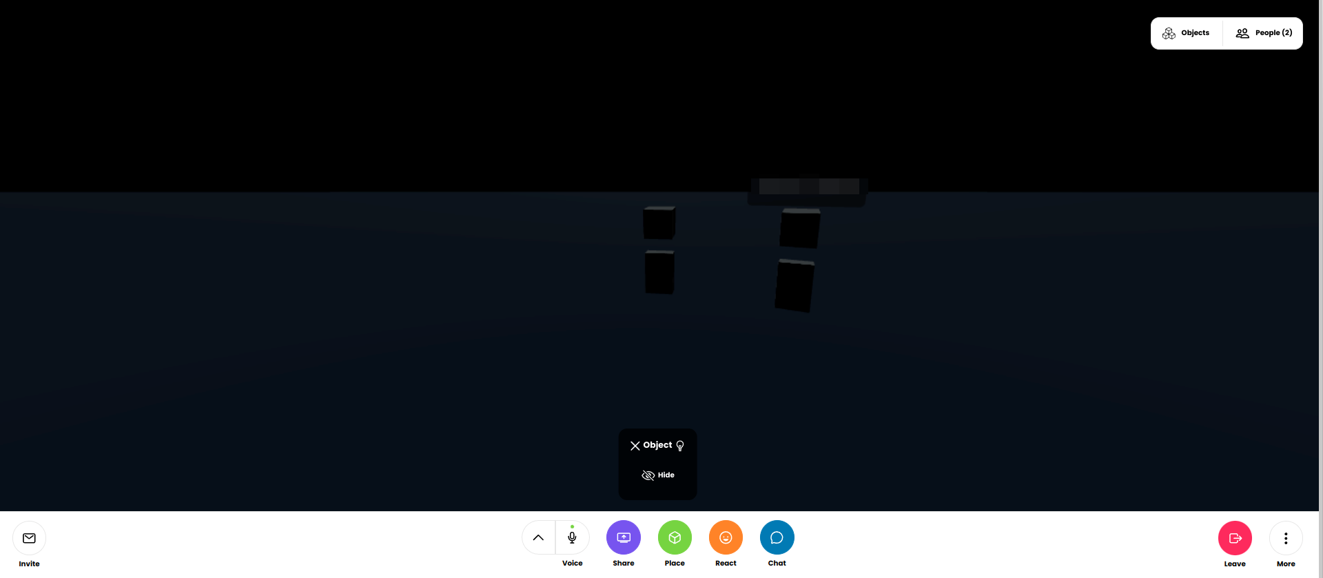 Capture of Hubs room with a dark gray sky and lighter gray ground. All avatars are boxes. These are the default settings.