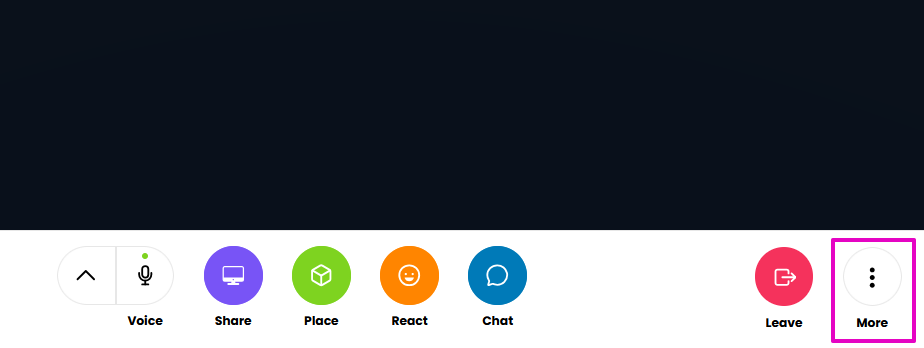 Capture from inside a Hubs room. "More" button on lower right corner is highlighted in purple.