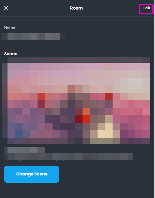 Capture from Hubs room, More with room's Name and thumbnail image. "Edit" in upper right corner is highlighted with purple.
