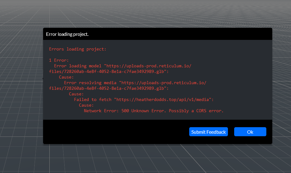 Capture from Hubs, Spoke Editor. Popup box with Error loading project notification.  It is logical because the default Spoke scene cannot find the default crater dot glb files. You may select the "OK" button in the lower right corner.