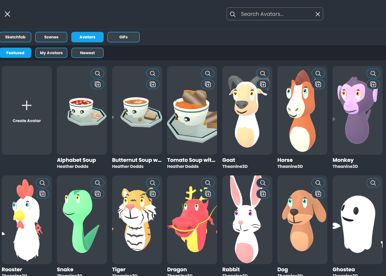 Capture of available avatars.