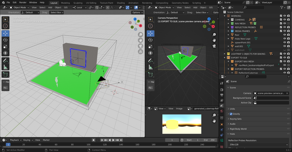 Capture from Blender software showing a starter scene including the ground, a media frame, and a sky texture with other elements.