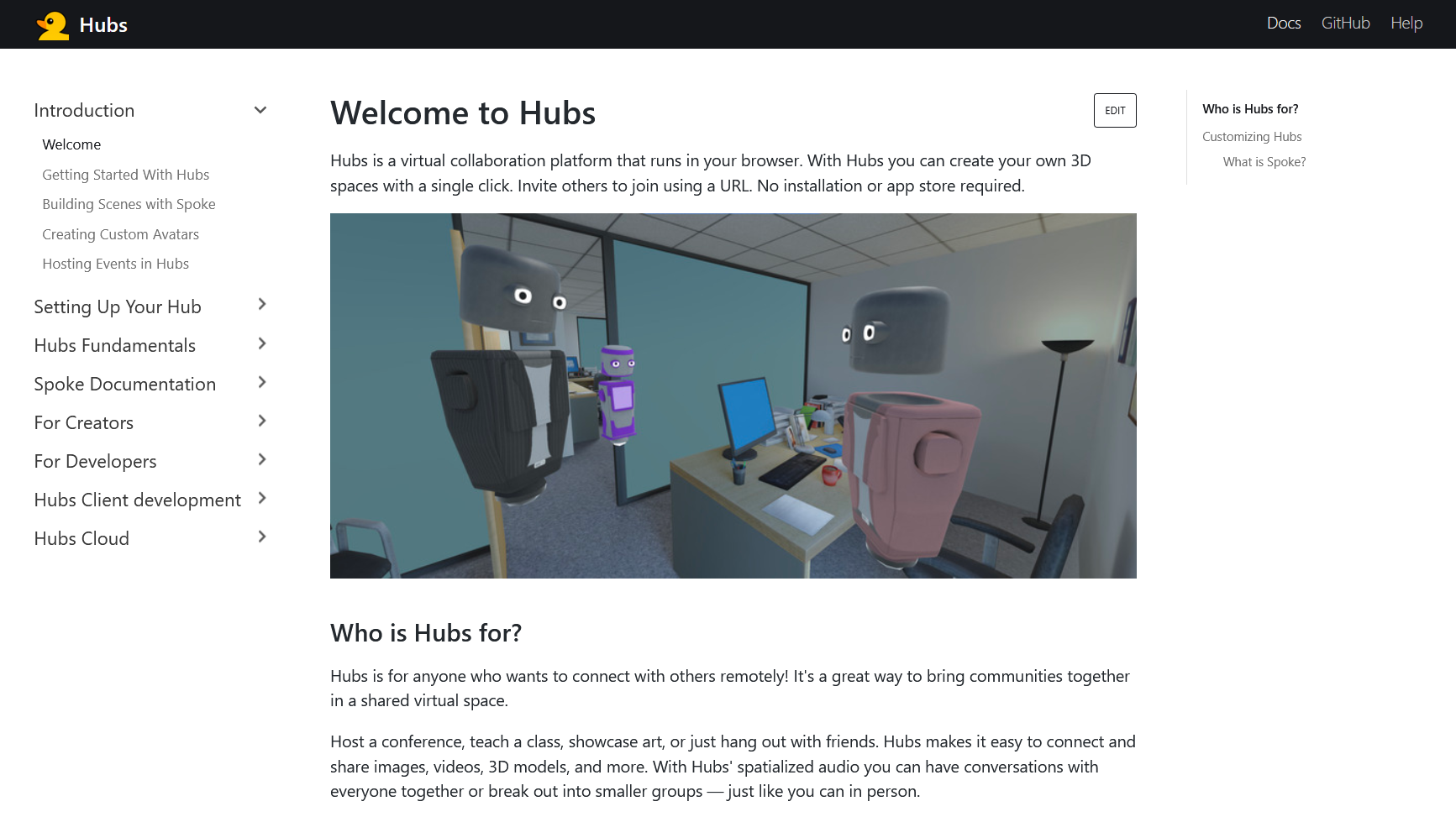 Capture from Hubs documentation (docs), Welcome to Hubs page.